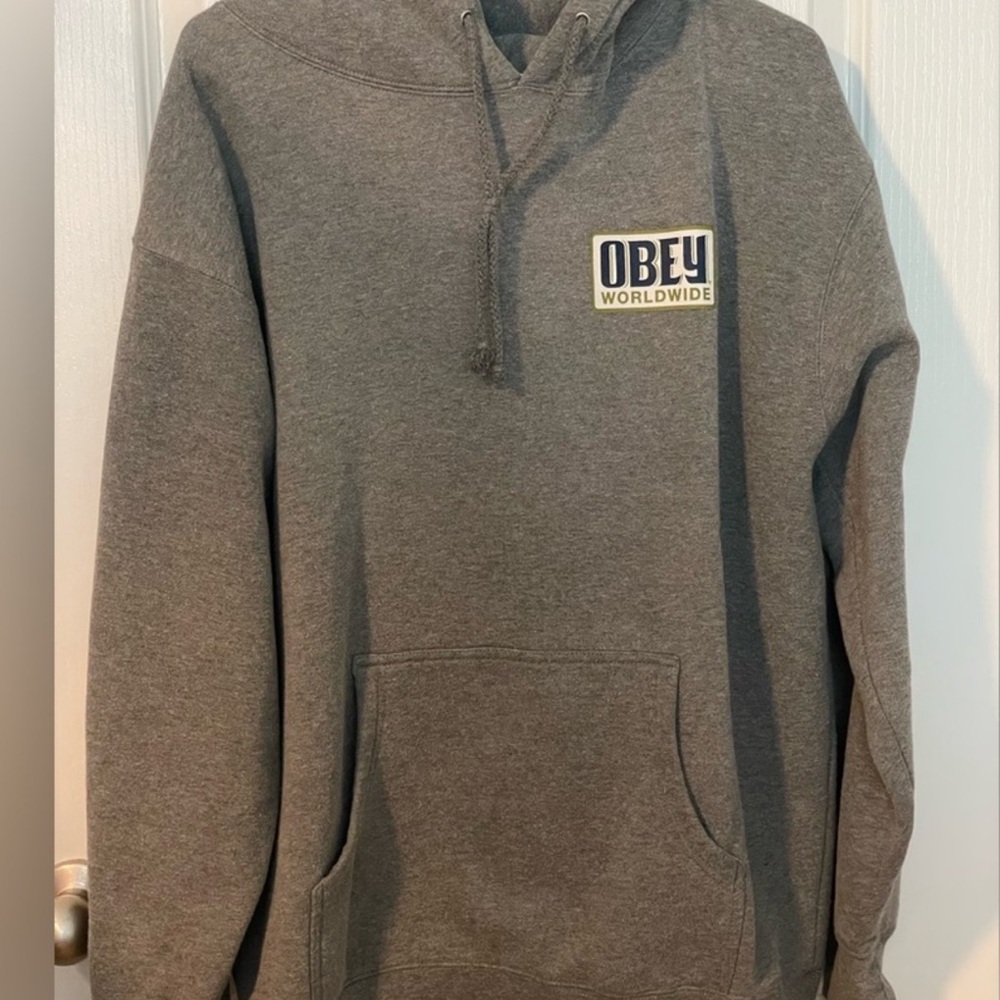 Obey Charcoal Hoodie with Logo mens size Large.